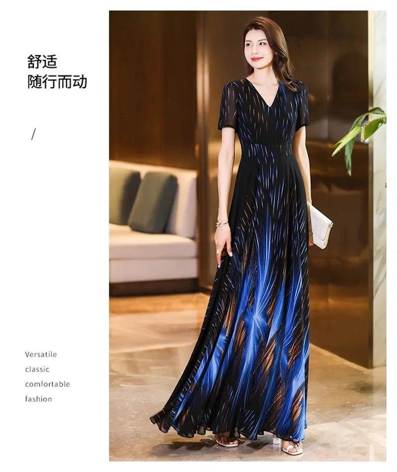 Pendant Sense Dress for Women Summer 2024 New Fashion High end, Elegant Slim and Waist Up V-neck Chiffon Dress Long Dress 4XL