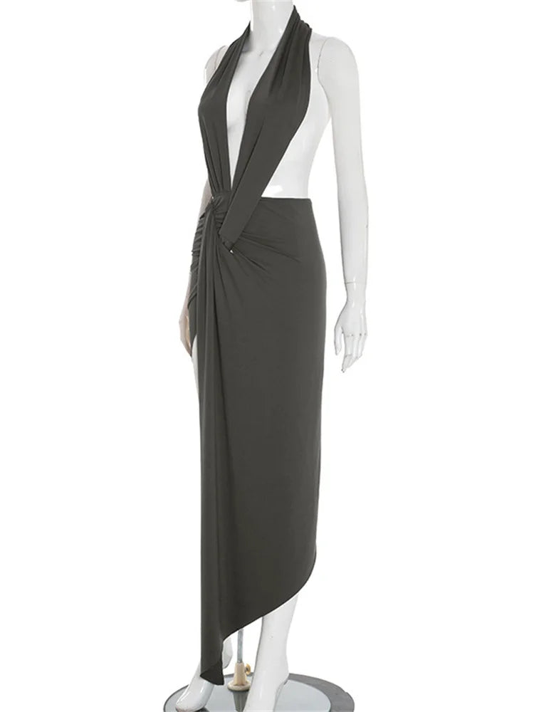 Weird Puss Elegant Halter Backless Dress Women Deep V-Neck Sleeveless Slit Irregular Party Banquet Activity Stretch Clubwear