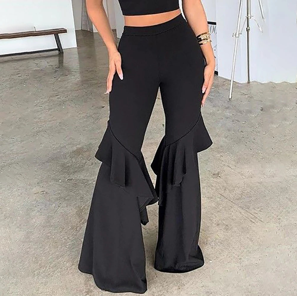 2025 Summer Women Long Pants Fashion Solid Color Ruffle Flared Pants Streetwear Causal Daily Female Trousers Large Size S-3XL