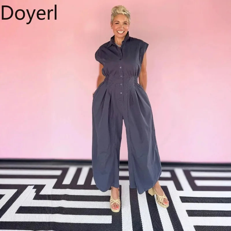 Doyerl Solid Casual Summer Jumpsuit Woman Clothing Turn-down Collar Button Up Sleeveless Loose Rompers One Piece Overalls 2025