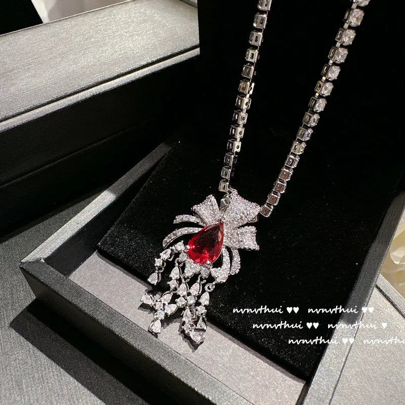 Elegant Red Zircon Bowknot Bridal Jewelry Set for Women