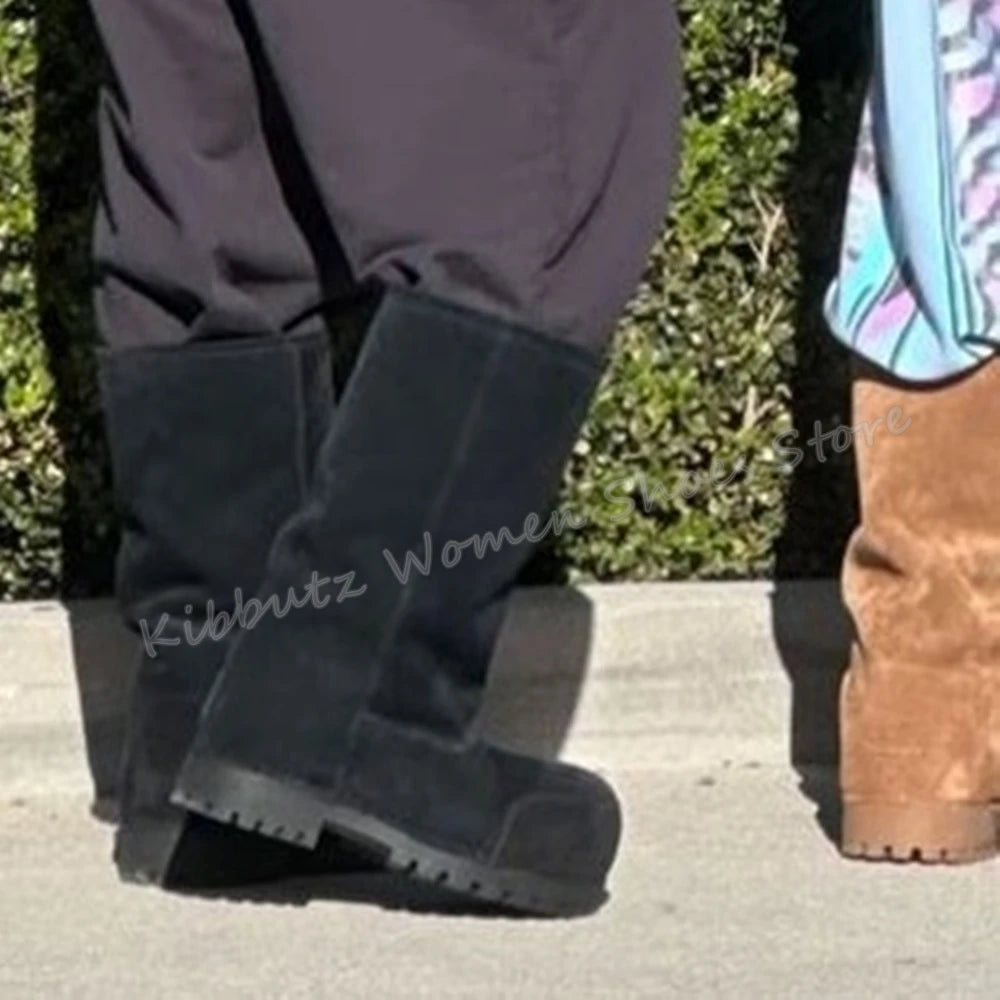 Suede Warm Winter Snow Boots Knee High Big Round Toe Flat With Outdoor Fashion Concise Luxury Sexy Novelty Slip-On Shoes Newest