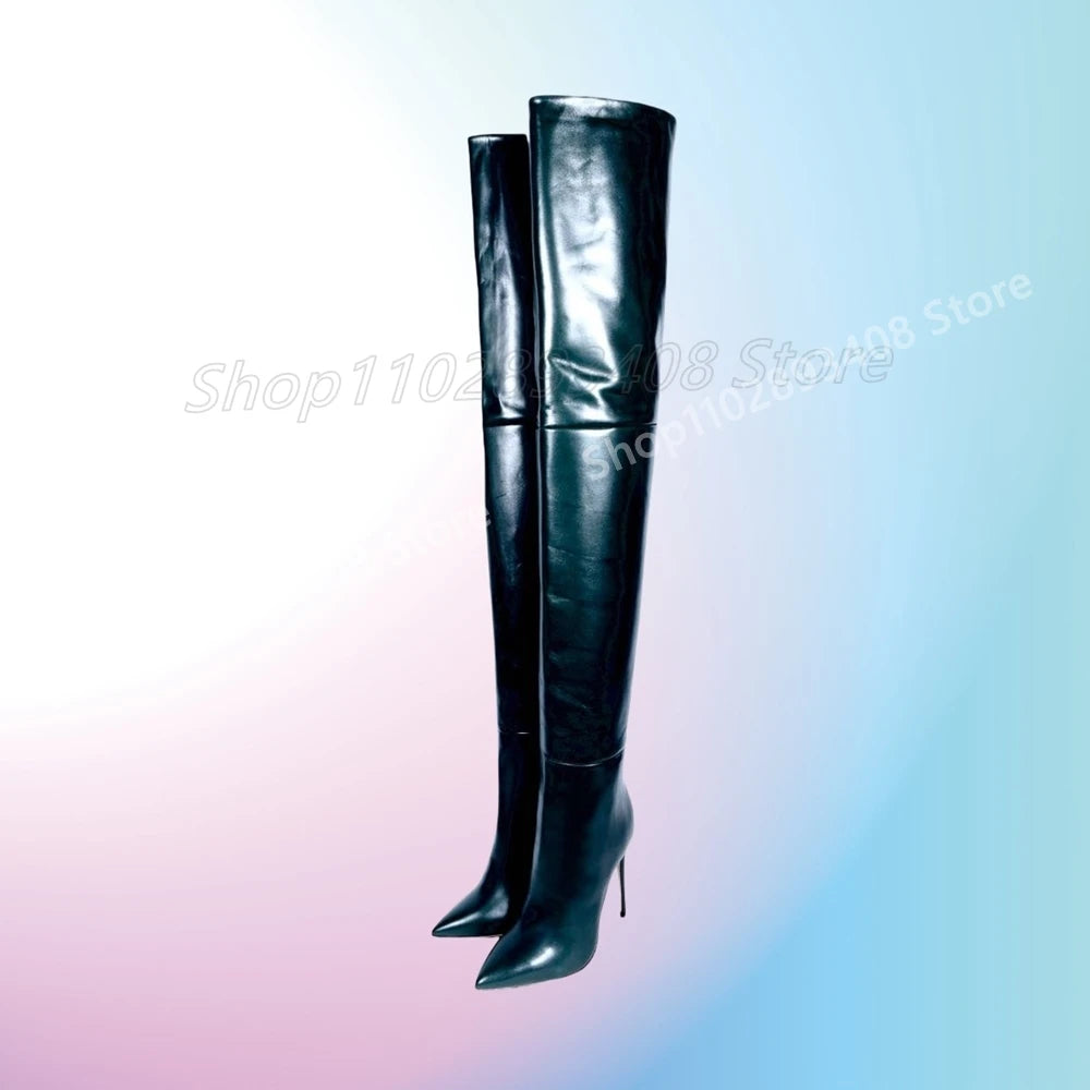 Dark Green Splicing Over the Knee Boots Matte Leather Back Zipper Stiletto High Heel Party Sexy Women Shoes 2025 Para Mujere