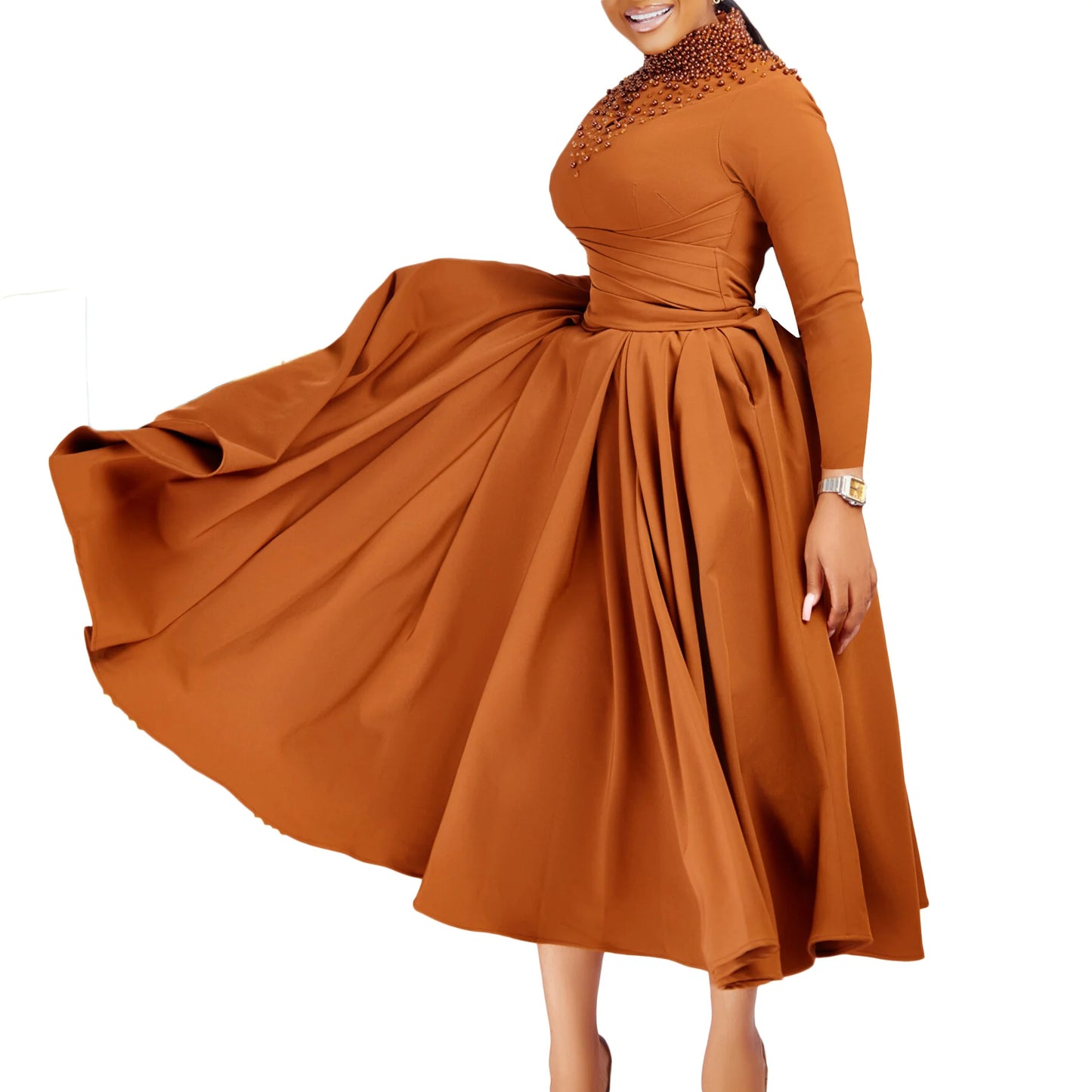 Fashionable High-collar Elegant Embroidered Large Dress Women Waist-shaping African Dress Trendy Plain Pattern Long Skirt
