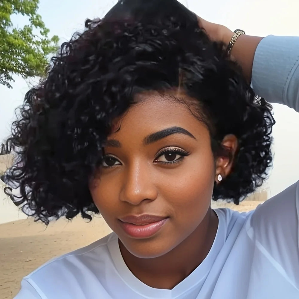 Short Bob Wig Pixie Cut Curly Human Hair Wigs For Women Black Color 13x4x1 T part lace closure Deep Wave Lace Wig Preplucked Hai
