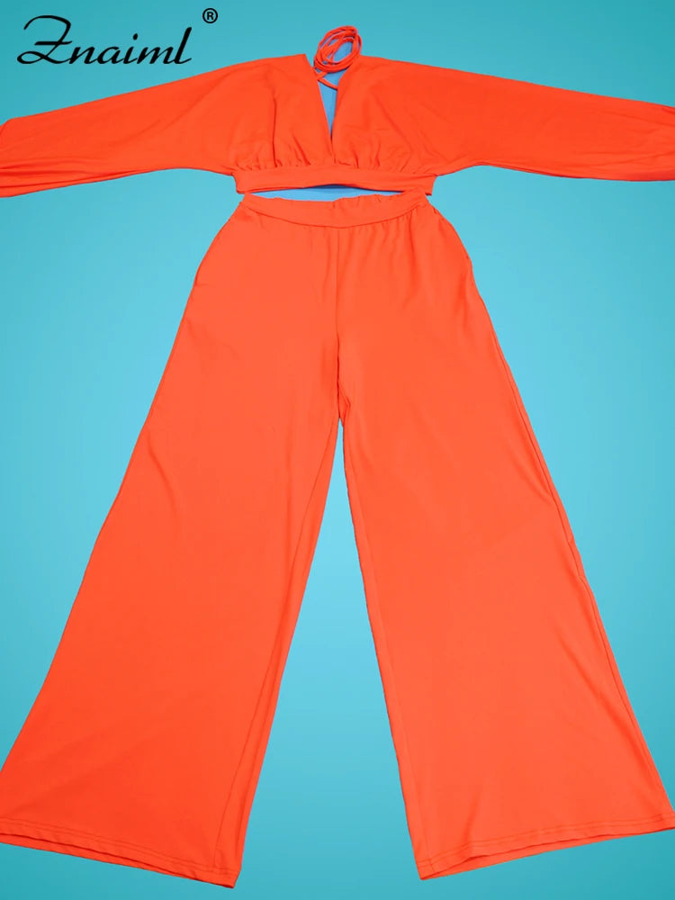 Znaiml Casual Green Two 2 Pieces Wide Leg Pants Sets Women‘s Long Sleeve Deep V-neck Crop Tops and Trousers Birthday Club Outfit