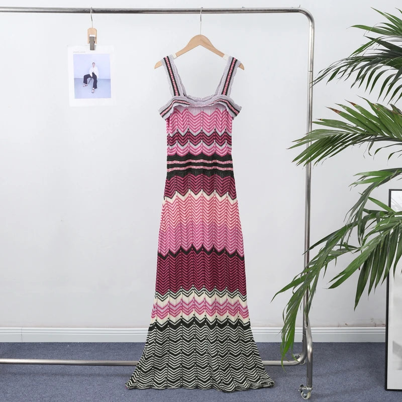 Patchwork Contrast Knitted Women' Dresses Square Collar Backless Sleeveless Bohemian Long Dress Female Summer Lady Beach Robes