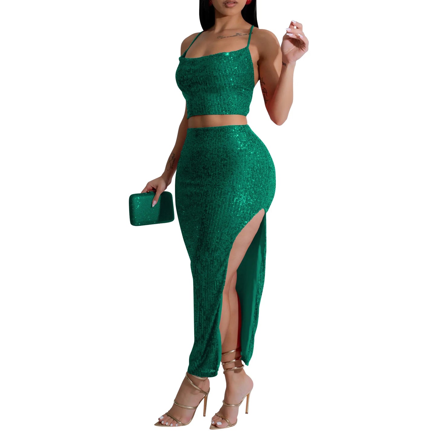CM.YAYA Women Strapless Sleeveless Sequined Top + Long Skirt Suit 2025 Street Sexy Party Matching Two 2 Piece Dress Sets Outfit