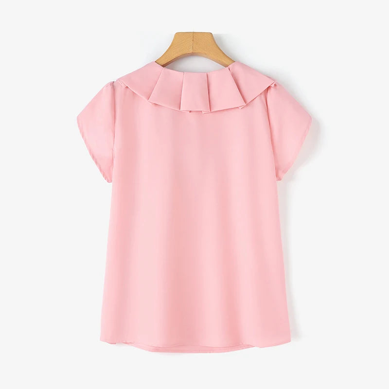 ZANZEA Women Short Sleeve Blouse Elegant Round Neck Tunics Office Lady Bowknot Stitching Shirt Casual Loose Solid Twisted Tops
