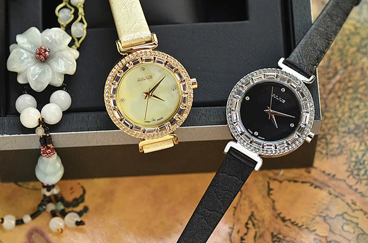 Mother-of-pearl Rhinestones Julius Lady Women's Watch Fashion Hours Bracelet Real Blue Leather Girl's Birthday Gift Box