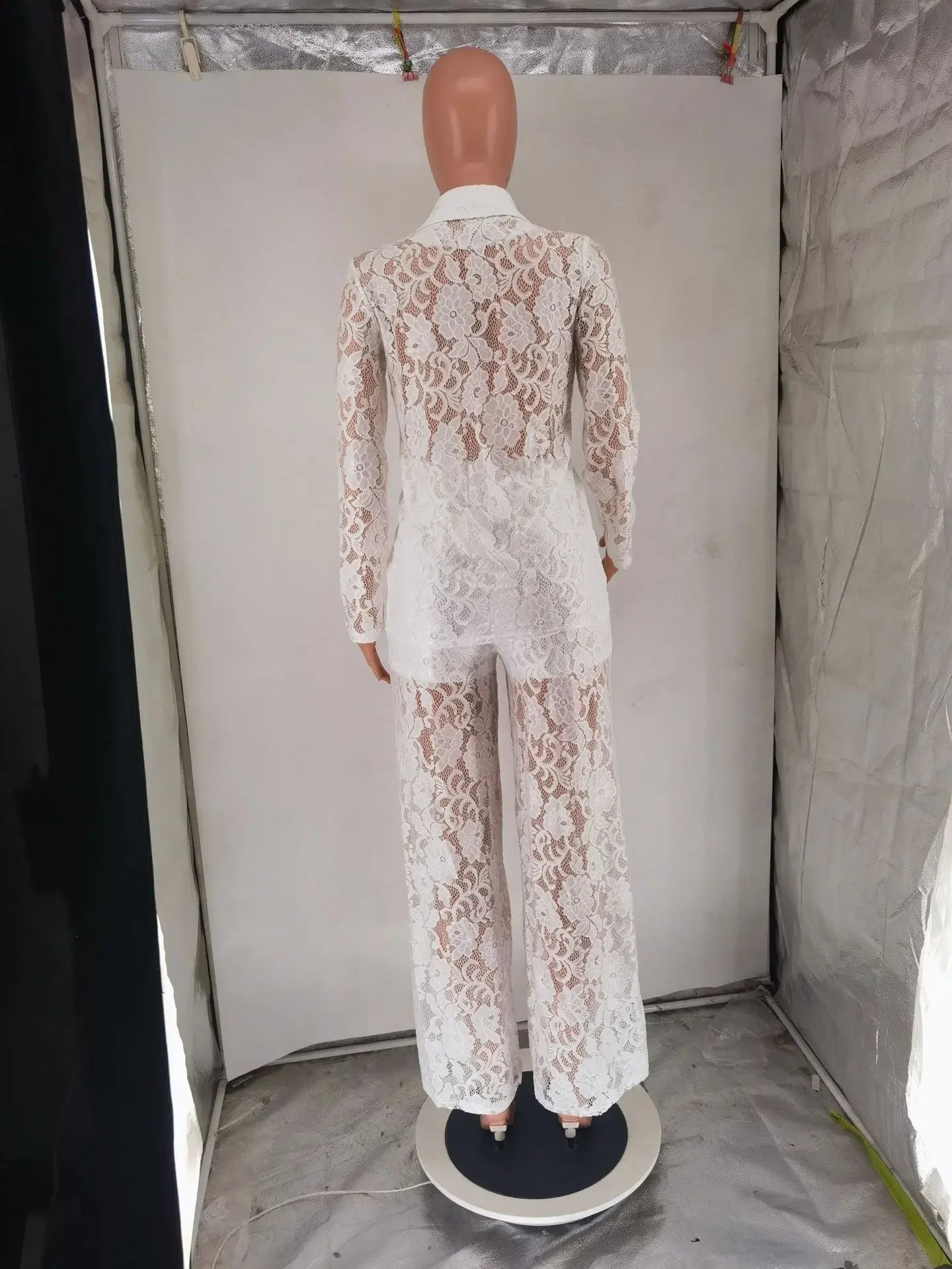 CM.YAYA Vintage Women Lace See Though Long Sleeve Blazer Suit and Wide Leg Straight Pants Set 2023 Two 2 Piece Set Outfits