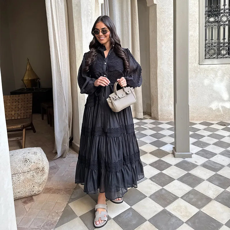 Embroidered maxi Dress Women Lapel Hollow Fashionable Short Sleeve Belt High Waist long Dresses Female Summer Chic robe