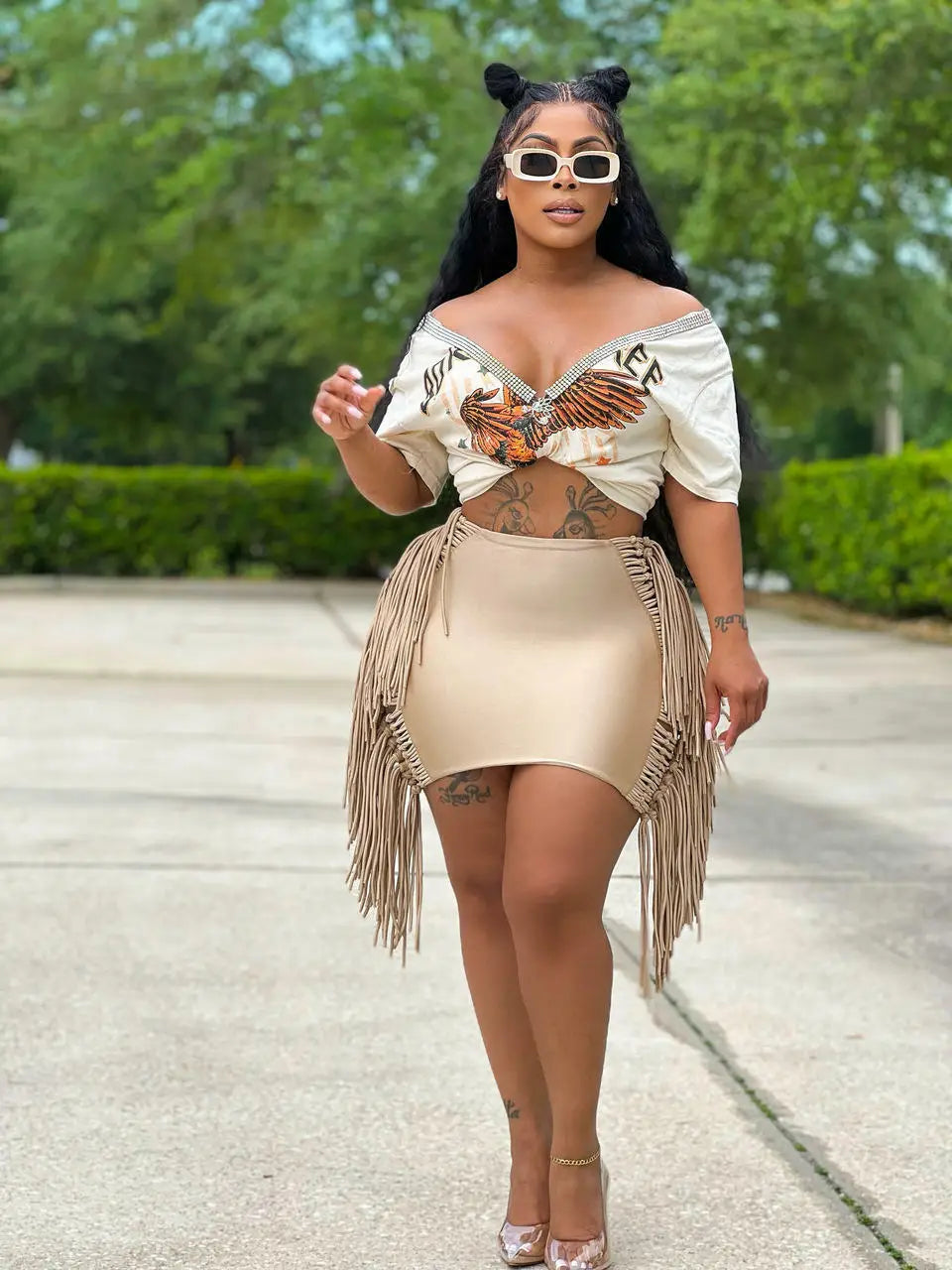 FAGADOER Sexy Tassel Bodycon Mini Skirts Party Club Outfits Women Fashion Chic Streetwear Short Birthday Holidays Skirt Solid