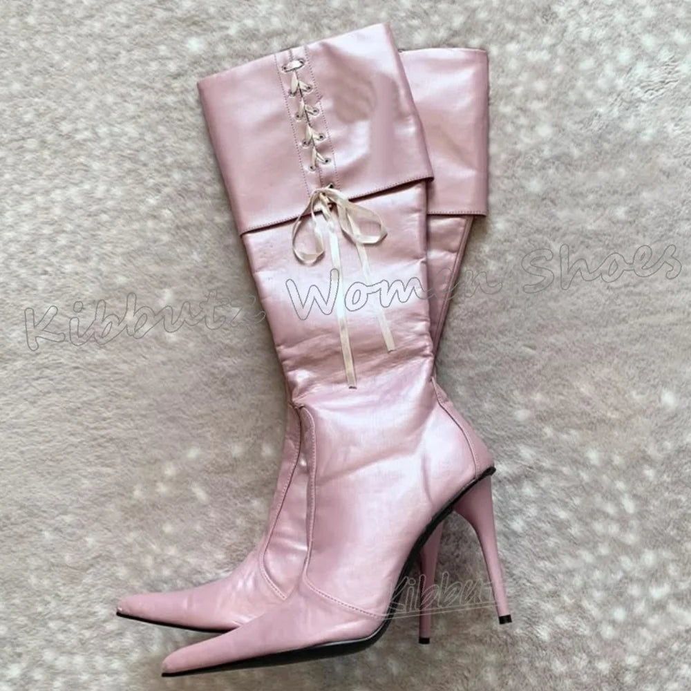 Knee High Satin Boots Spicy Girls Lace-Up Leather Solid Color Fashion Luxury Elegant Women Shoes Concise Pointy Thin Heels New