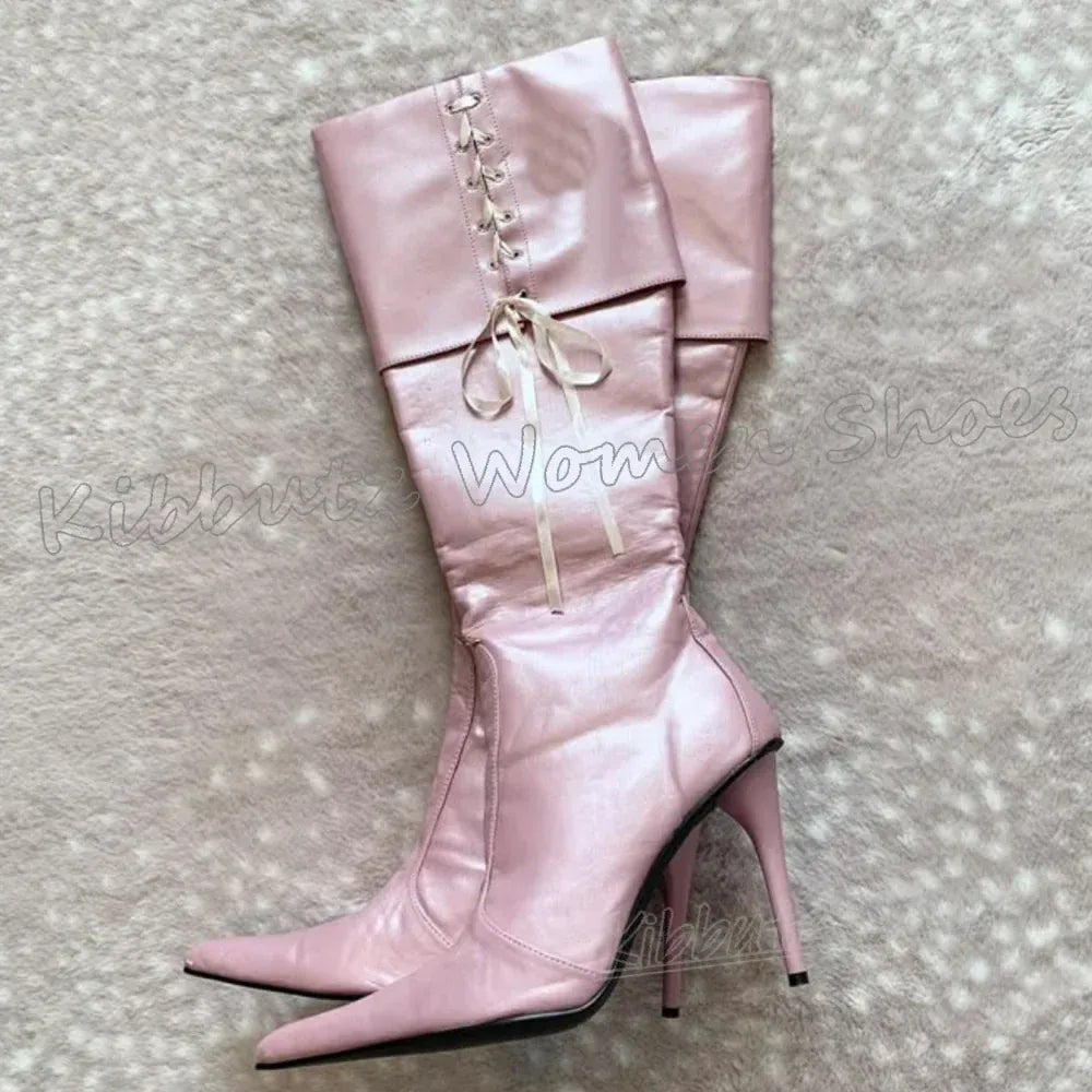Lace Up Satin Knee High Boots