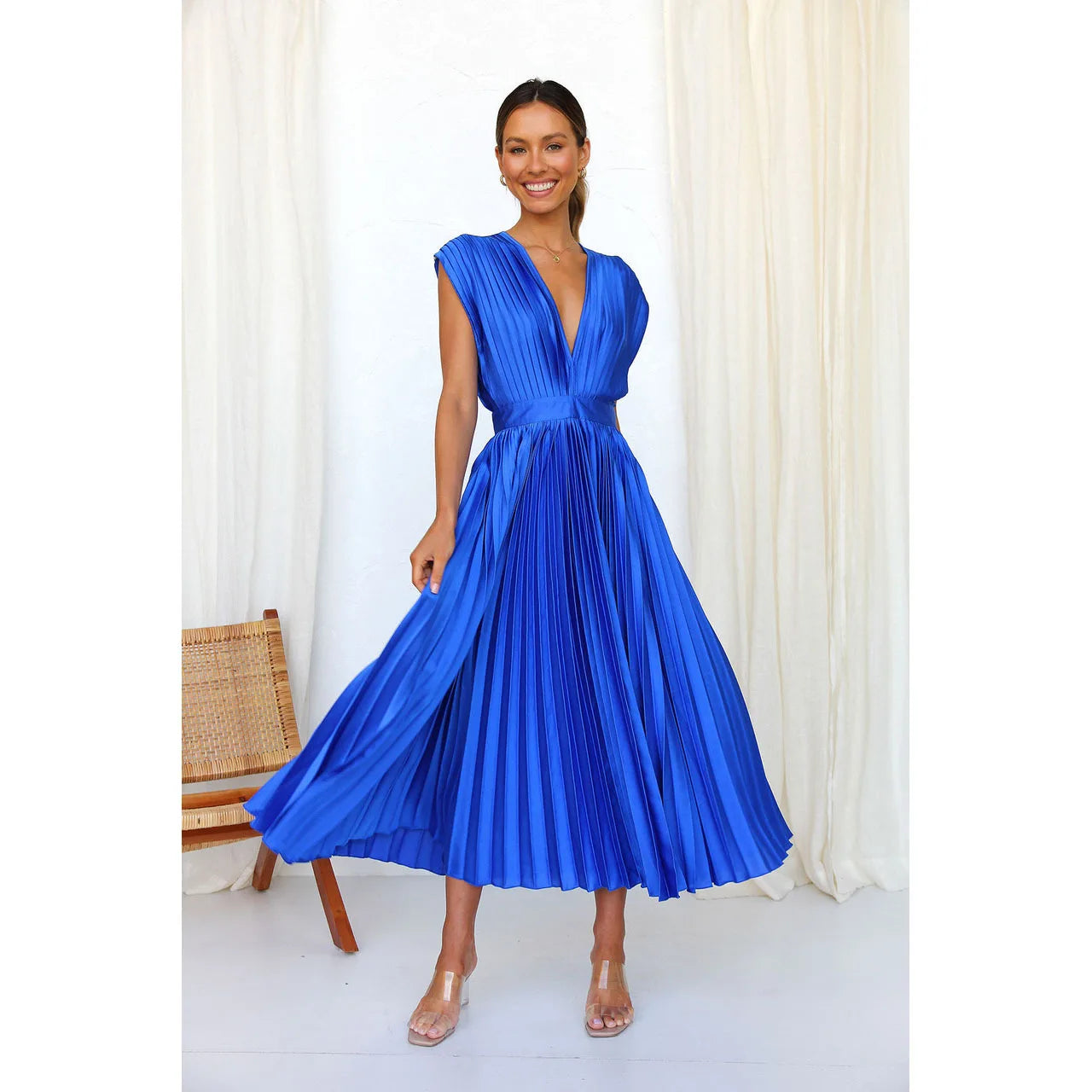 Elegance Draped V-Neck Pleated Skirt Dress 2025 Women Solid Strapless Backless Patchwork Loungewear Simple Maxi Dress