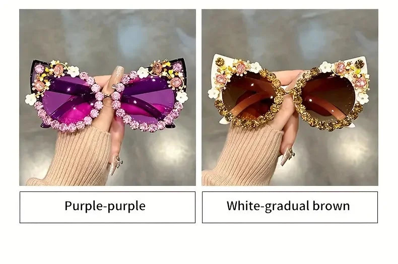 Luxury Rhinestone Flower Sunglasses Cat Eye Gradient Decorative Shades Props For Costume Party Prom