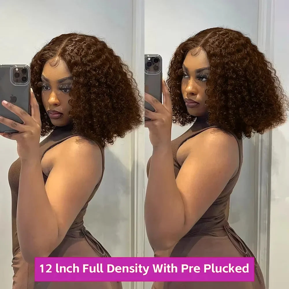 Brown kinky Curly Short Bob Wig 13x4 4x4 Bob Wigs Brazilian Water Deep Wave Human Hair Wig Preplucked For Woman Short Pixie