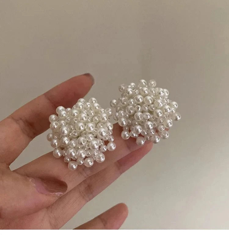 Exquisite Pearl Braided Flower Earrings for Women French Exaggerated Round Brincos Wedding Party Jewelry