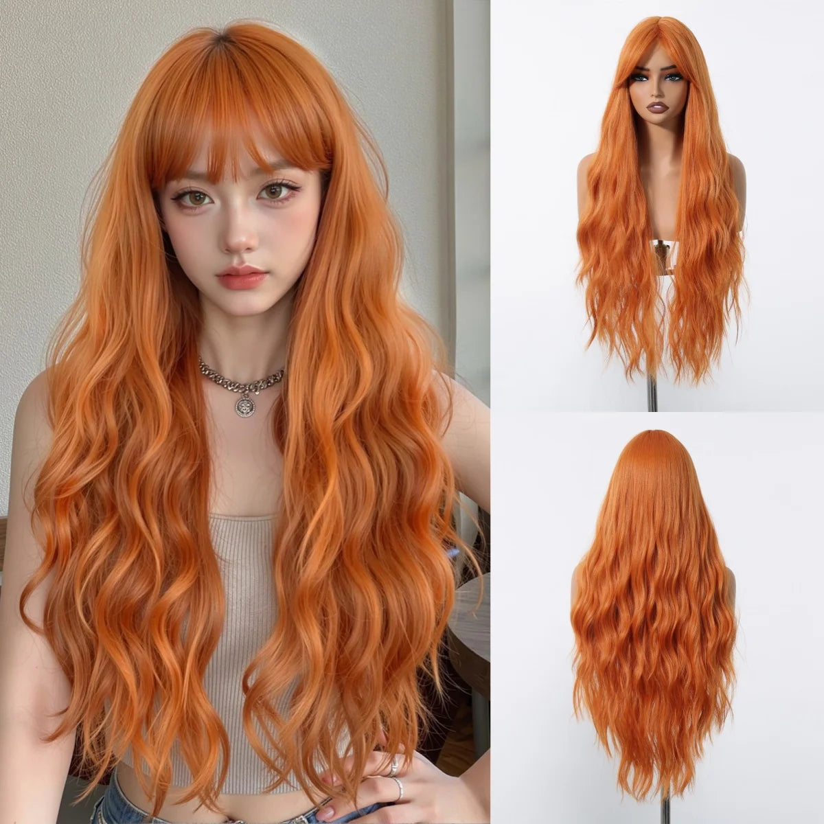 Ombre Blonde Long Wavy Wig With Bangs for Women