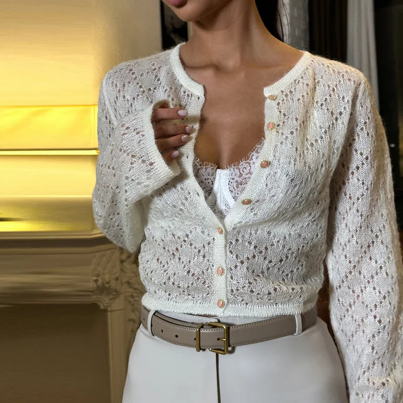 Sexy O-collar Single Breasted Hollow Cardigan Women Casual Solid Color Short Sweater Spring Autumn Thin Long Sleeve Knitted Coat