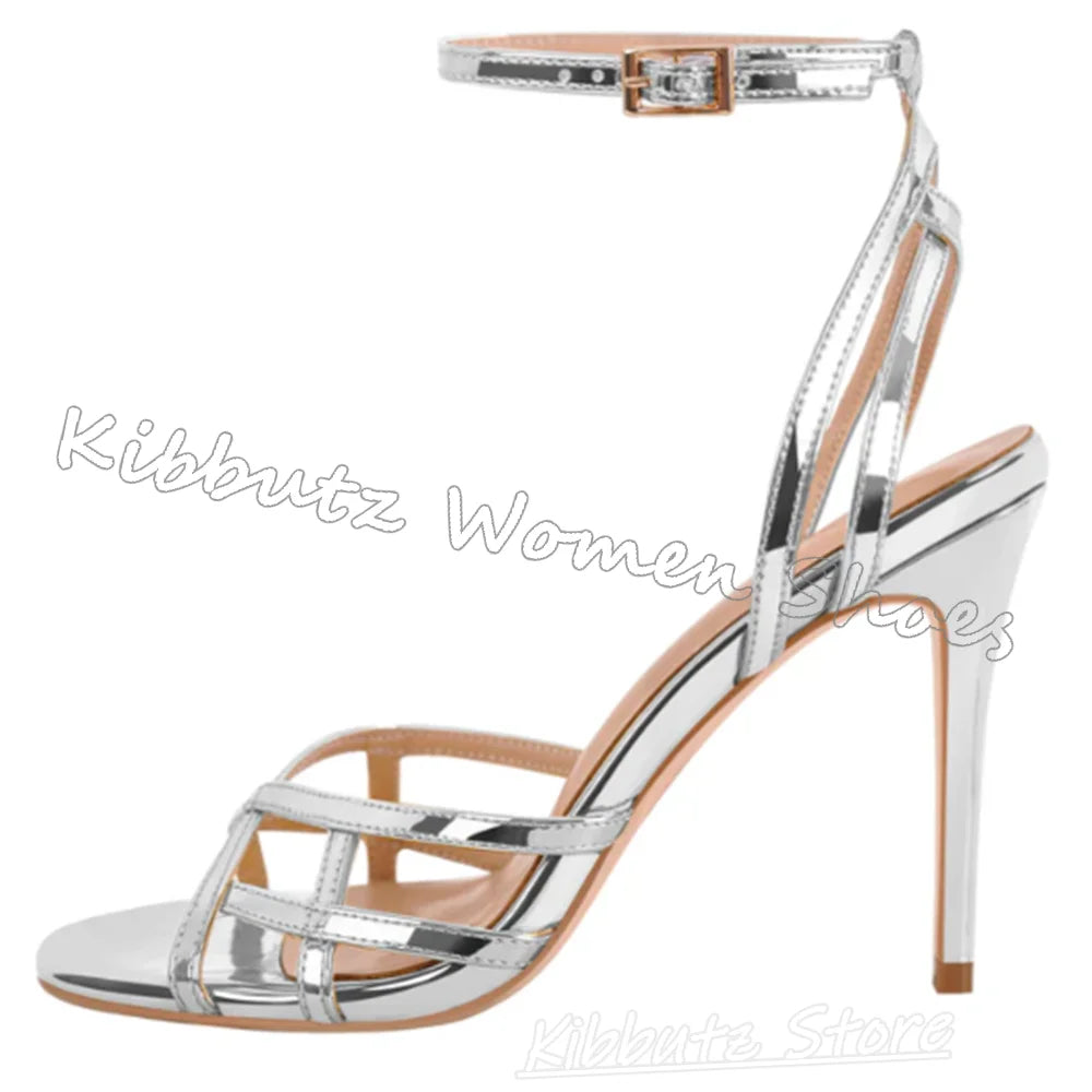 Concise Sandals Buckle Strap Leather Solid Color Hollow Round Toe Thin Heel Fashion Luxury Elegant Party Wedding Women Shoes New