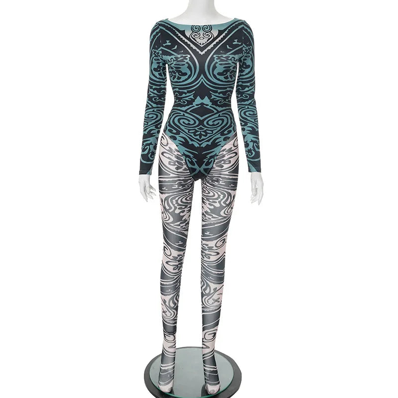 Joskaa 2025 Women's Abstract Print Two Piece Set Sexy Round Neck Long Sleeve Bodysuit + Skinny Pants Matching Y2K Streetwear