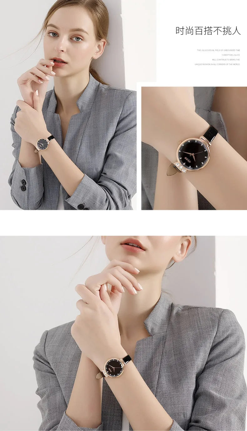 Aquarius CZ Julius Lady Women's Watch Japan Quartz Fashion Rhinestones Hours Bracelet Real Leather Girl's Gift Box