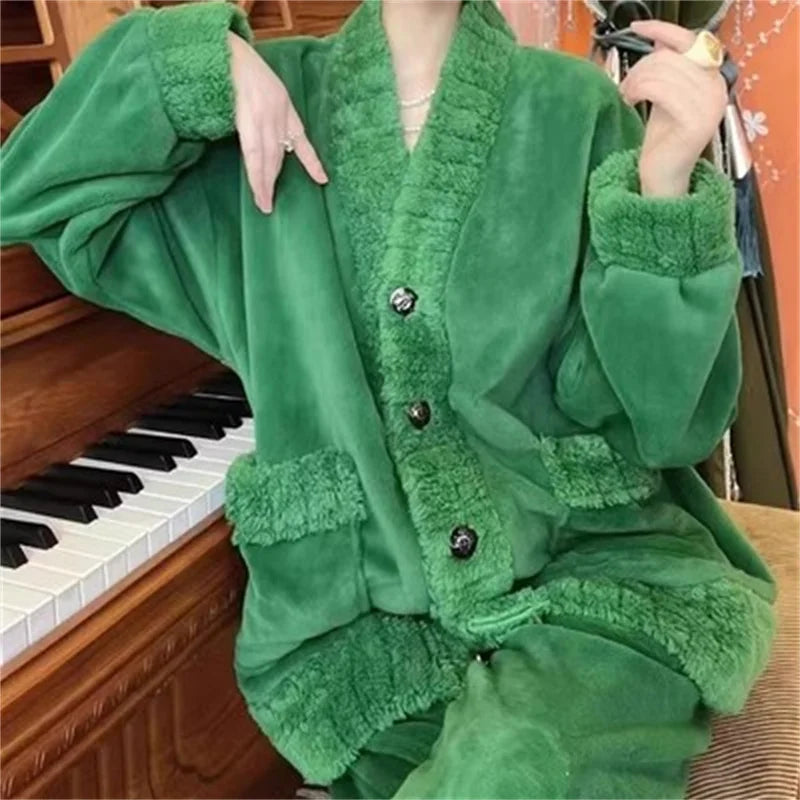 5XL Stripes Women's Flannel Cardigan Home Fur Solid Color Loose Coral Velvet Pajama Set Autumn/Winter Pants Two Piece Suit Red