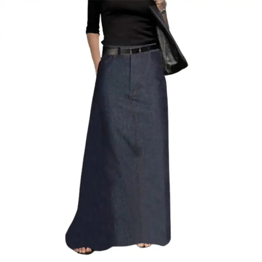 Fashion Imitation Denim H-Line High Waist Skirts Spring Summer Loose Solid Color Pockets Maxi Skirt For Women