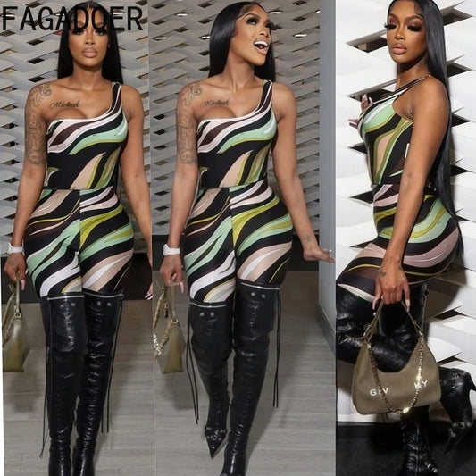 FAGADOER Fashion Stripe Printing Bodycon Rompers Women Oblique Shoulder Backless One Piece Jumpsuits Female Midnight Overalls