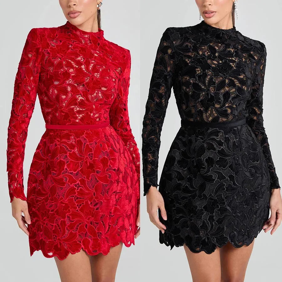 Long Sleeve Simple Elegant Mini Dress, Women Spring Autumn O Neck Sweet Party Dress, Solid Patchwork Hollow Ladies Dress