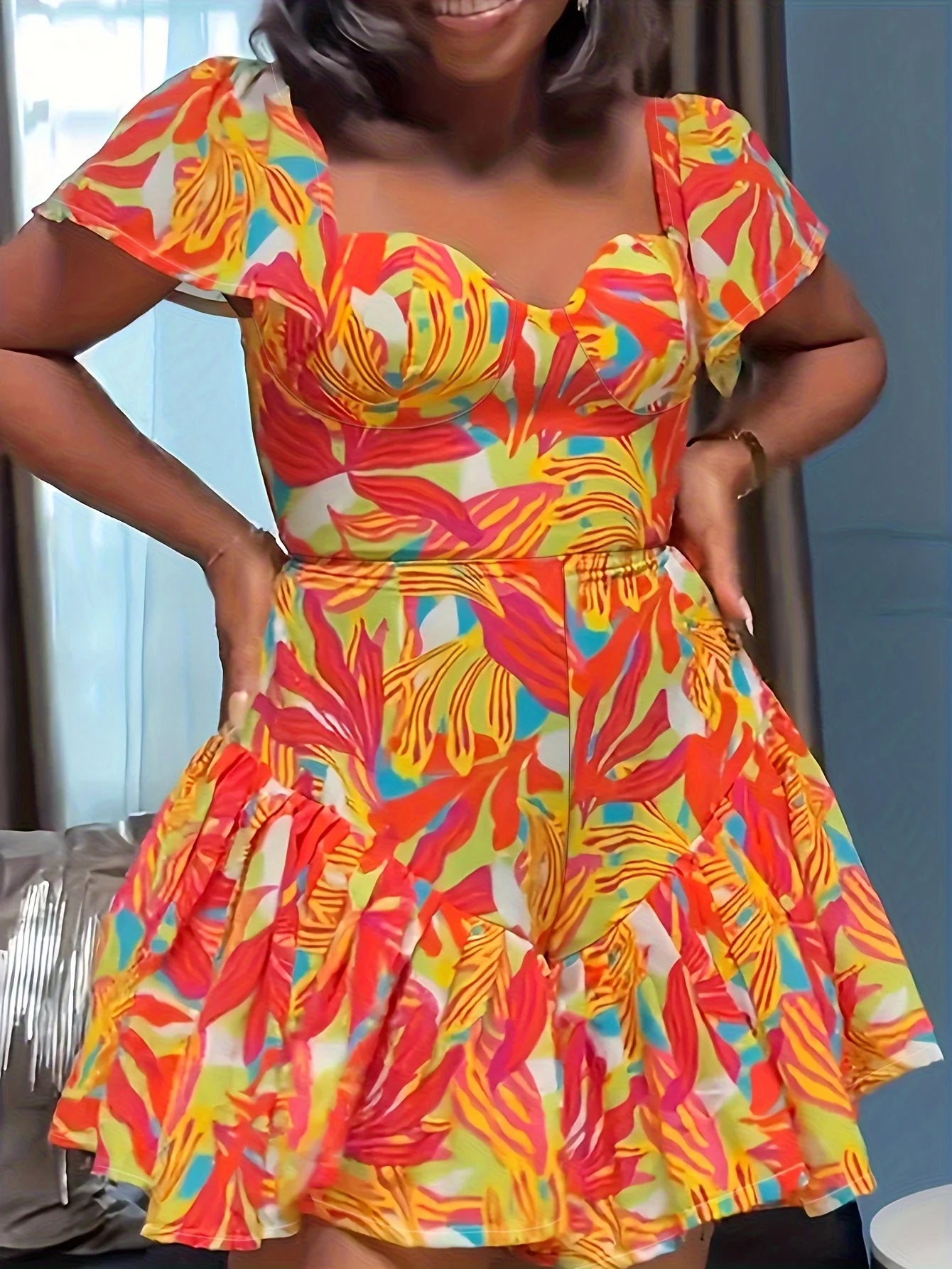 Multi Colored Leaf Print Square Collar Pleated Sleeves Jumpsuit