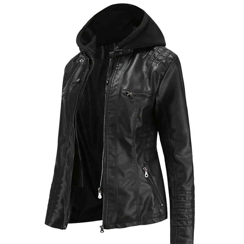 Autumn Winter Women Leather Jacket Hooded Removable PU Leather Jackets Motorcycle Long Sleeve Zipper Coat Black Outerwear XS-7XL