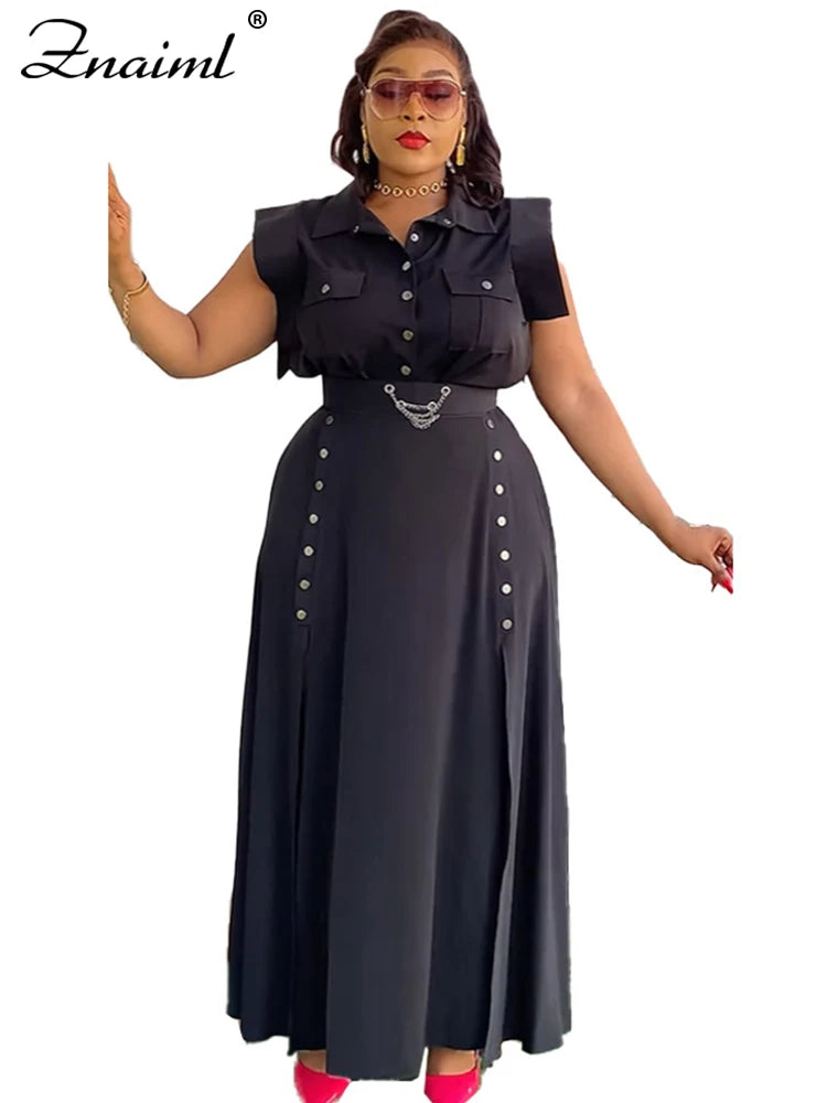 Znaiml Summer Birthday Party Evening 2 Piece Dress Set Women Sleeveless Shirt and Cargo Split Long Skirts Suit Vacation Outfits