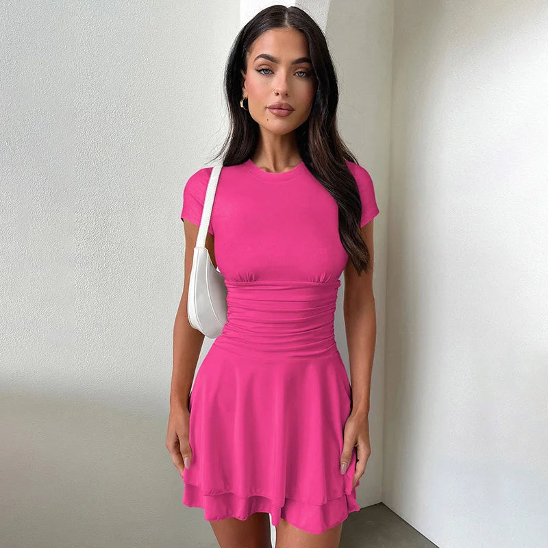 New Dresses Summer Women Sexy Solid A-Line Dress Streetwear Fashion Folds O-Neck Short Sleeve Casual Slim Female Elegant Dresses