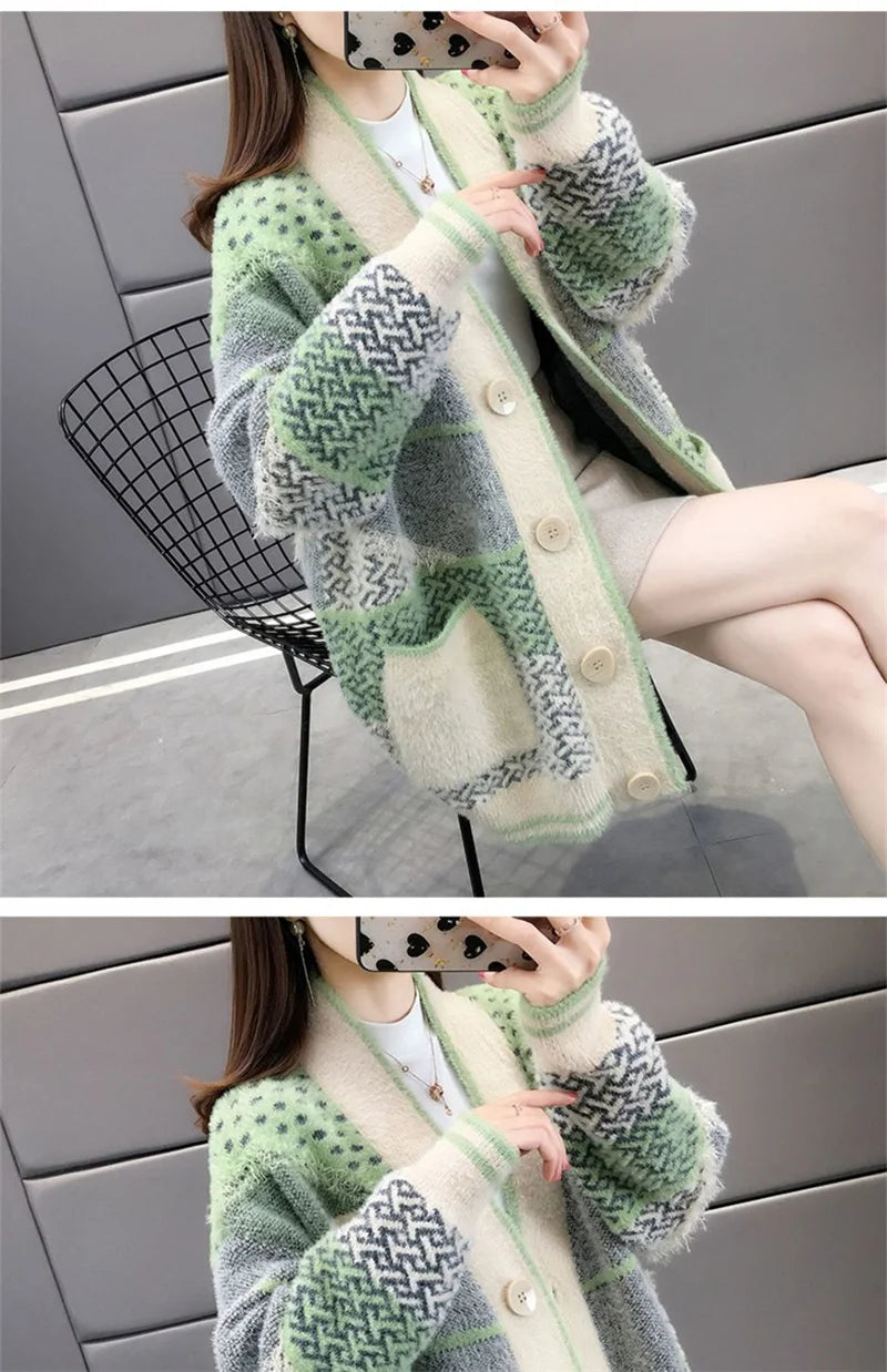 Mink Velvet Knitted Cardigan Jacket Women's 2022 New Loose Ladies Sweater Outerwear Spring And Autumn All-Match Button Jacket