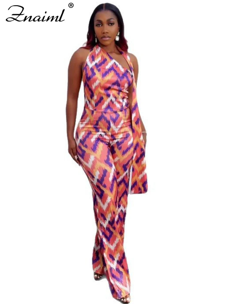 Znaiml Elegant Women Summer Beach Boho Vacation Jumpsuits Printing Halter Sleeveless Backless One Piece Rompers Wide Leg Pants