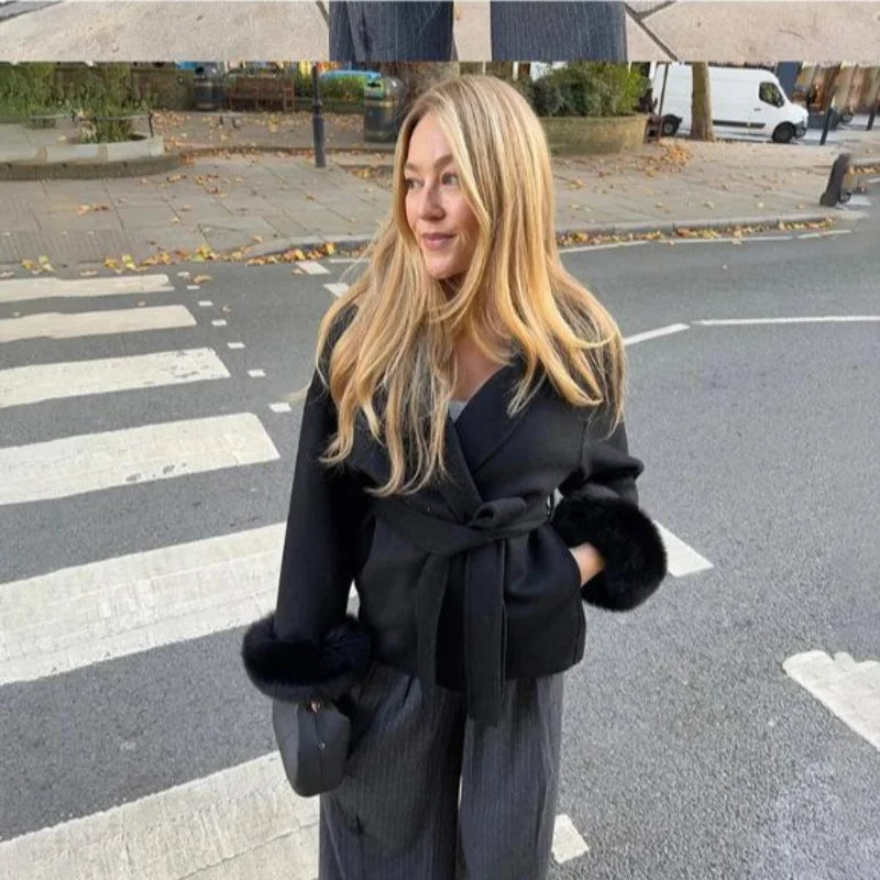 Plush Cuffs Belt Women 's Coats Elegant Lapel Faux Fur Sleeve Twist Open Coat Female 2025 Autumn Winter Fashion Lady Streetwears