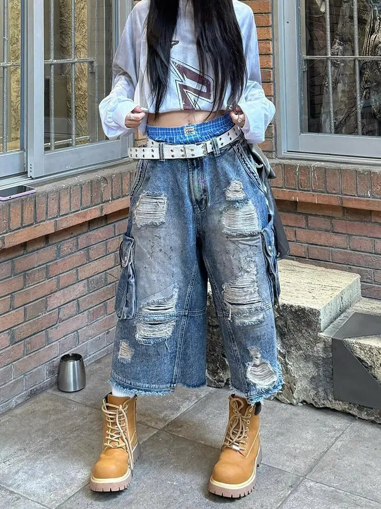2025 American Vintage Old Baggy Slim Machete Denim Shorts Female Y2K Harajuku Hot Girl Washed Hole Denim Cropped Pants Tide