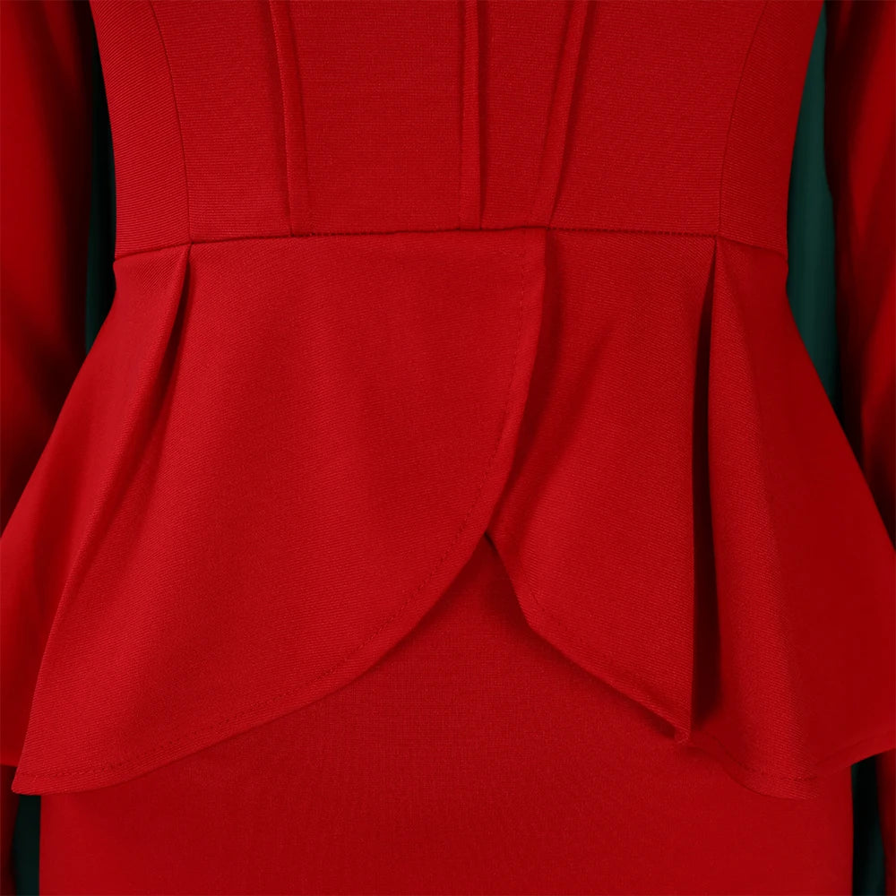 Elegant Bodycon Dresses for Women Square Neck Full Sleeve Ruffles Package Hips Mid Calf Formal Business Work Vestidos Mujer Robe