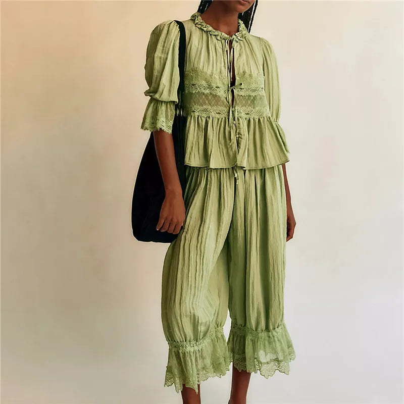 hirigin Women Lace Trim 2 Piece Pajamas Sets Y2k Bow Tie Front Short Sleeve Shirts + Ruffle Flared Lantern Pants Loungewear