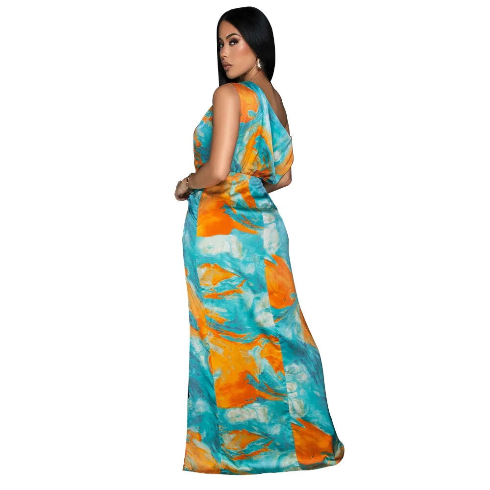 CM.YAYA Women Skew Collar Tie-dye Print Long Dress Summer Streetwear Beach Evening Sexy Night Party Split Maxi Dresses Vestidos
