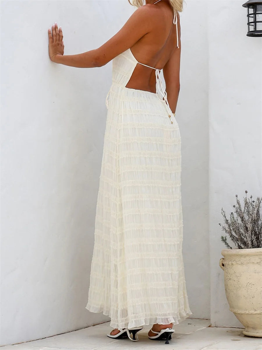 Women's Halter Neck Long Dress Frill Layered Solid Dress Drawstring Belted Sleeveless Dress