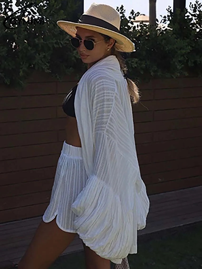 Oymimi Fashion White Cotton Women's Two Pieces Set Elegant Puff Sleeve Loose Lace-Up Shirts And High Waisted Shorts Female Sets