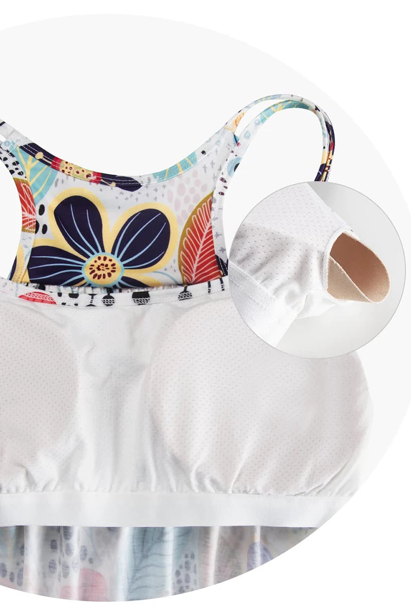 Flycurvy Plus Size Casual White Floral Print Adjustable Double Shoulder Strap Cami With Built In Bra