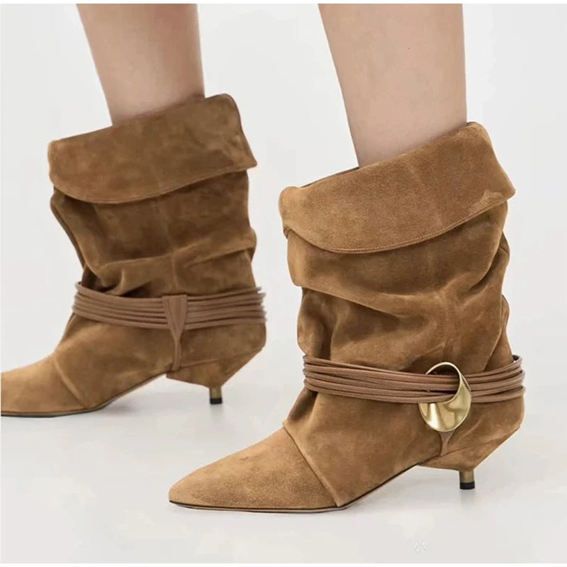 Vintage Stiletto Low Heel Boots Women's Fashion Brand Pleated Ankle Boots Brown Pointed High-end Texture New Cowboy Boots Shoes