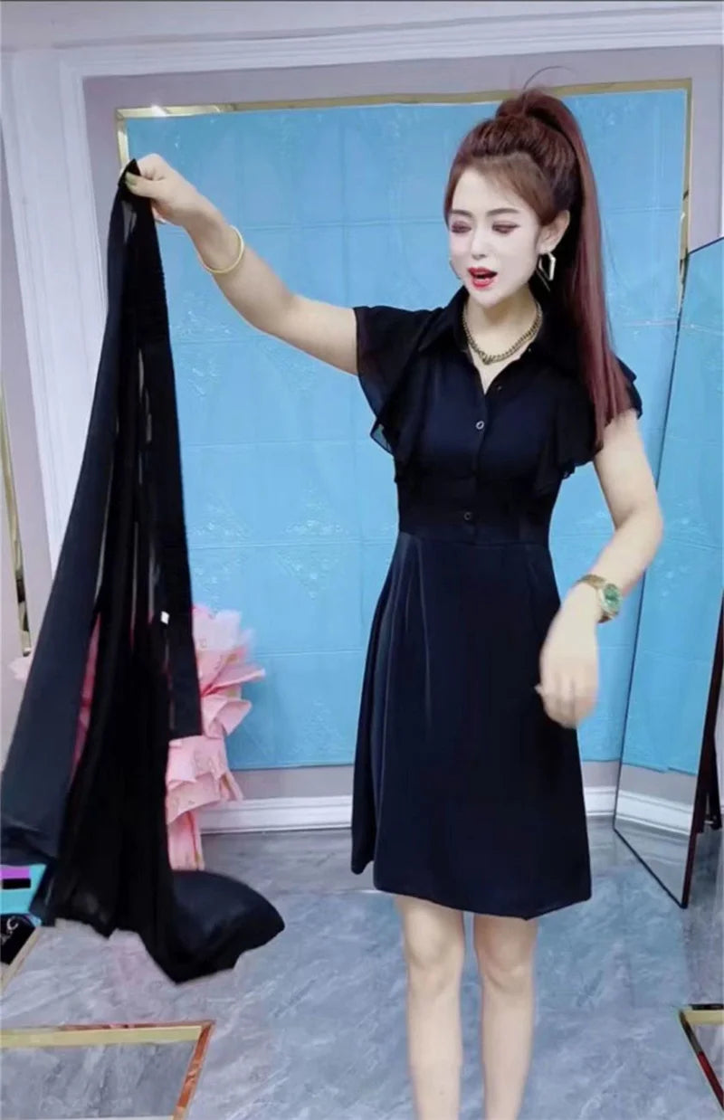 Fashion Dress Set Women's 2024 Summer New Polka Dot Style Sweet and Slim Ruffle Dress+Apron Two Piece Set Black V-Neck Dress Lad
