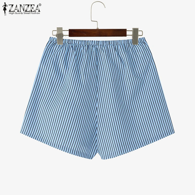 ZANZEA Woman Fashion Striped Shorts 2025 Summer Lightweight Elastic Waist Lace-Up Short Trousers Casual Loose Day Wear Bottoms