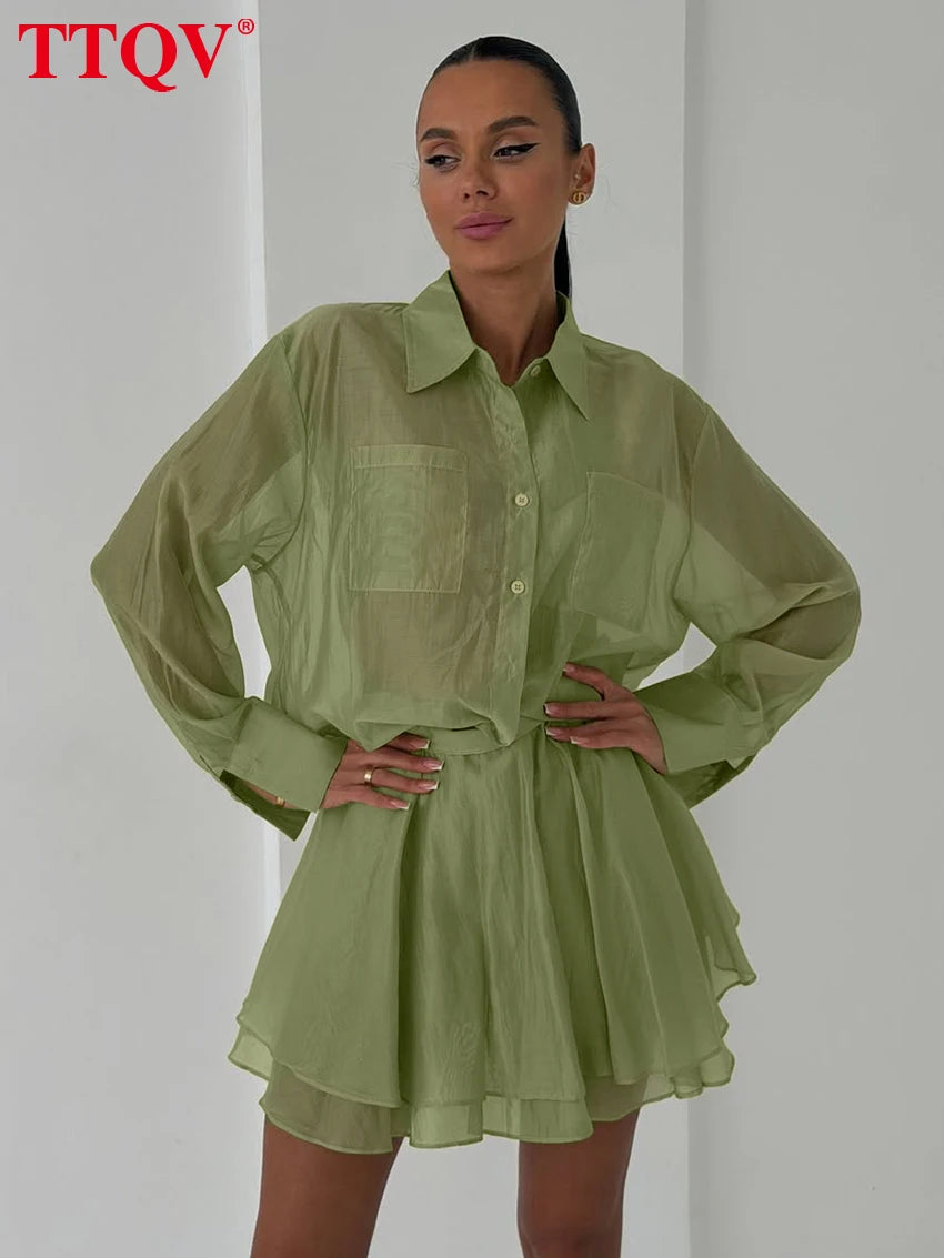 Elegant Long Sleeve Blouse and Pleated Mini Skirt Set for Women